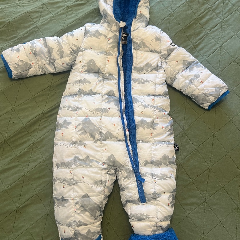 Cozy Blue and White spyder toddler snowsuit. Fleece lined